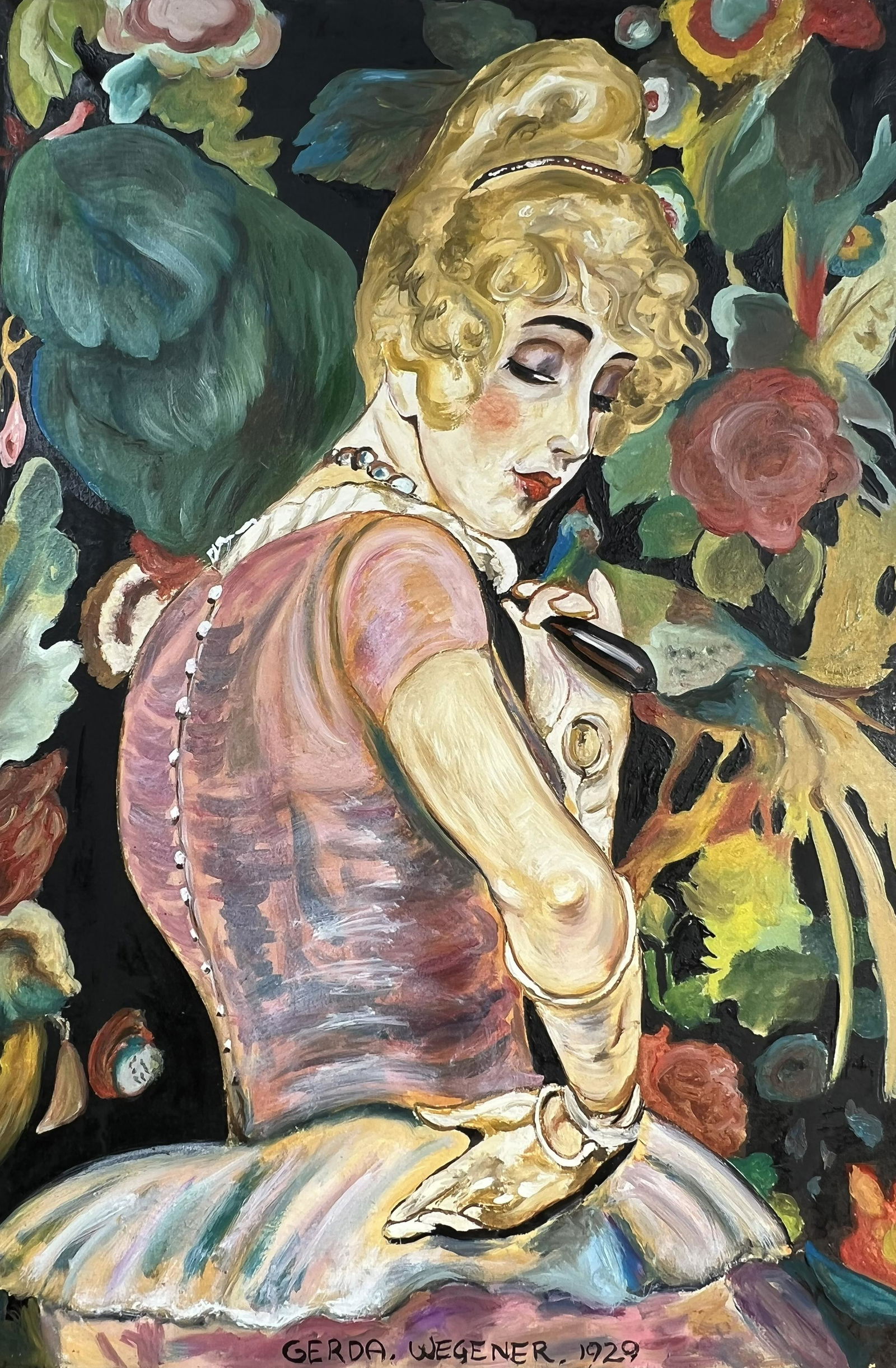 Gerda Wegener (Oil on Canvas Painting) in the style of: Gerda Wegener appears in the lower middle. Rendered in the style of Gerda Wegener. Technique: Oil on Canvas Painting. Measures: 15 x 23 Inches. Provenance: Private Collector. A Certificate Accompanies