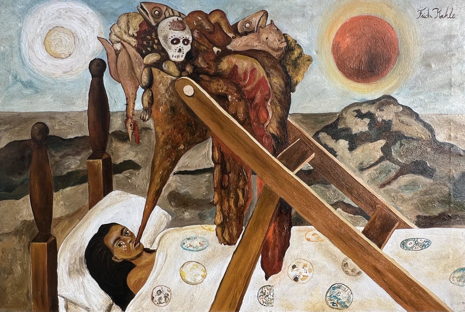 Frida Kahlo (Oil on Canvas Painting) in the style of: Frida Kahlo appears in upper right. Rendered in the style of Frida Kahlo. Technique: Oil on Canvas Painting. Measures: 15 x 23 Inches. Provenance: Private Collector. A Certificate Accompanies this lot
