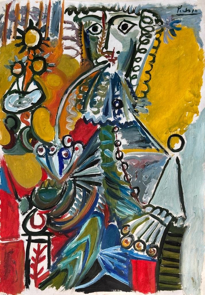 Pablo Picasso (Oil on Paper Painting) in the style of: Pablo Picasso appears in Upper Right of the painting. Rendered in the style of Pablo Picasso. Technique: Oil on Paper Painting. Measures: 8 x 12 Inches. Provenance: Private Collection. A Certificate A