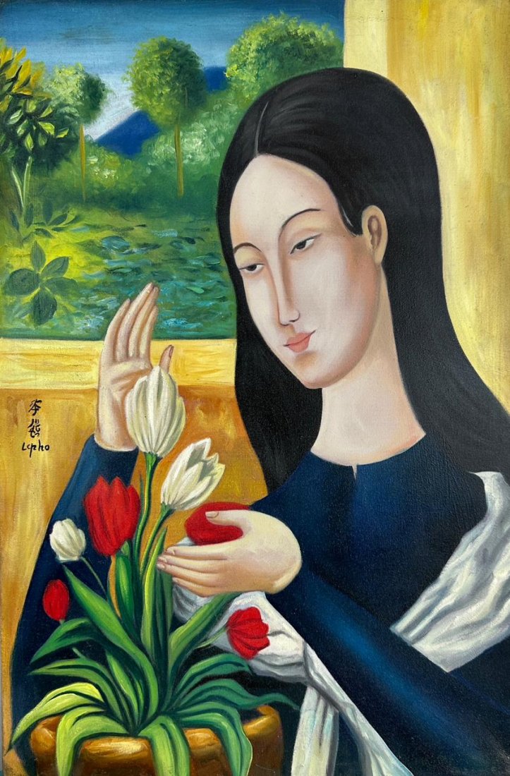 Le Pho Vietnamese (Oil on Canvas Painting) in the style of: Le Pho appears in the Center Left margin of the painting. Rendered in the style of Le Pho .Technique: Oil on canvas painting. Measures: 23 x 15 Inches. Provenance: Private Collection Europe. A certifi