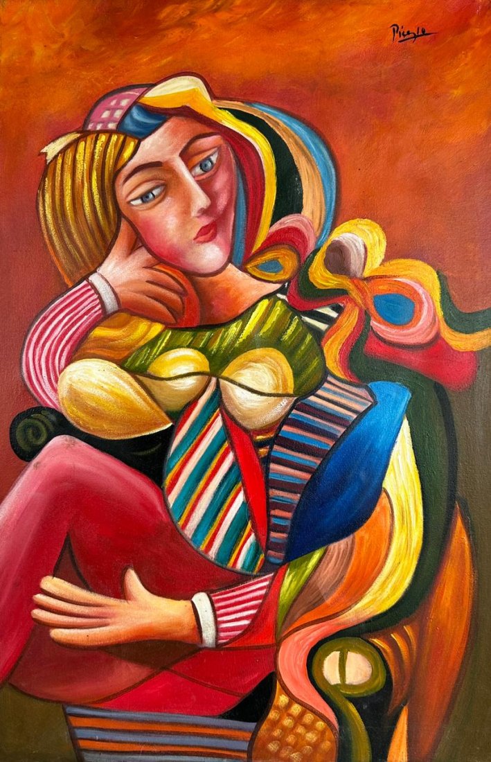 Pablo Picasso (Oil on Canvas Painting) in the style of: Pablo Picasso appears upper right. Rendered in the Cubist style of Pablo Picasso. Technique: Oil on Canvas Painting. Measures: 15 x 23 Inches. Provenance: Private Collector. A Certificate Accompanies 