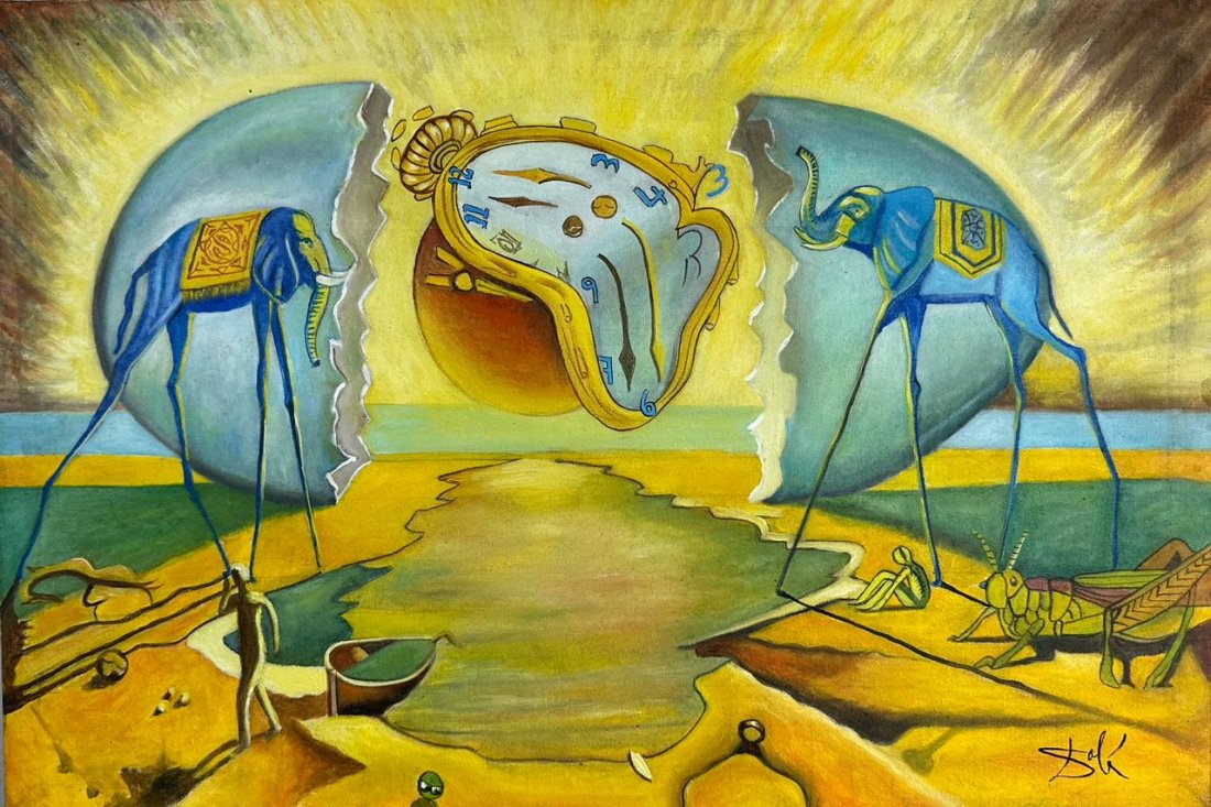 Salvador Dali (Oil on Canvas Painting ) in the style of: Dali appears in Lower Right.Rendered in the surrealist style of Salvador Dali. Technique: Oil on Canvas Painting. Measures: 15 x 23 Inches. Provenance: Private collection Spain. This Piece has a Certi