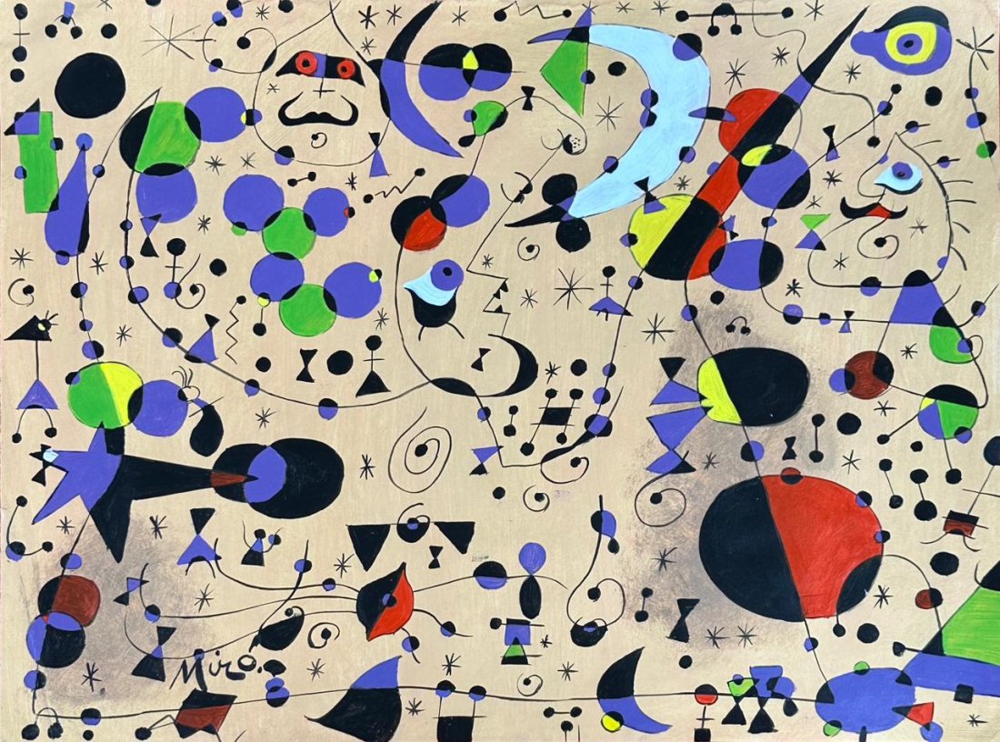 Joan MirÃ³ (Mixed Media on Paper Painting) in the style of: Joan MirÃ³ appears in Lower Left of the painting. Rendered in the style of Joan MirÃ³. Technique: Mixed Media on Paper Painting. Measures: 8 ½ x 11 ½ Inches. Provenance: Private Coll