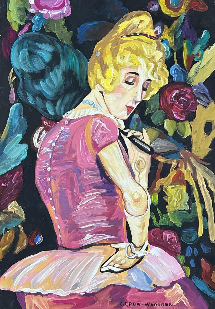 Gerda Wegener (Mixed Media on Paper Painting) in the style of: Gerda Wegener appears in lower right. Rendered in the style of Gerda Wegener. Technique: Mixed Media on Paper Painting. Measures: 8 x 11 ½ Inches. Provenance: Private Collector. A Certificate A