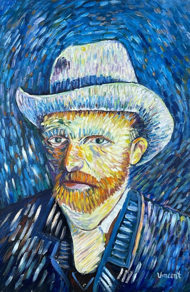 Vincent Van Gogh (Oil on Canvas Painting) in the style of: Vincent Van Gogh appears in lower right of the painting. Rendered in the Post-Impressionist style of Vincent Van Gogh. Technique: Oil on Canvas Painting. Measures: 15 ½ x 23 ½ Inches. Pr