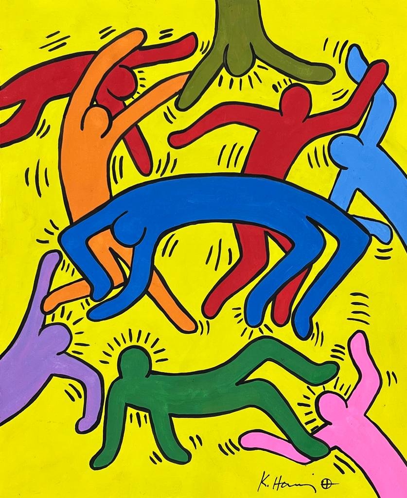 Keith Haring (Mixed Media on Paper Painting) in the style of: Keith Haring appears in Lower Right of the painting. Rendered in the style of Keith Haring. Technique: Mixed Media on Paper Painting. Measures: 8 x 10 Inches. Provenance: Private Collection. A Certifi