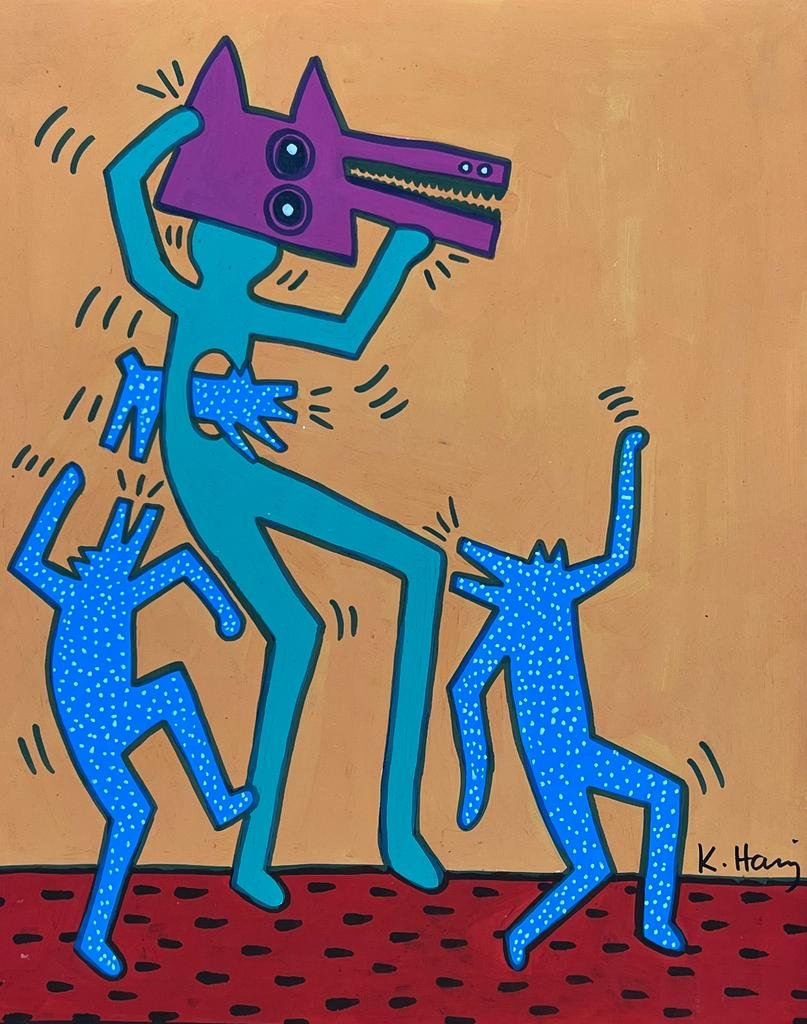 Keith Haring (Mixed Media on Paper Painting) in the style of: Keith Haring appears in Lower Right of the painting. Rendered in the style of Keith Haring. Technique: Mixed Media on Paper Painting. Measures: 8 ½ x 10 ½ Inches. Provenance: Private Col