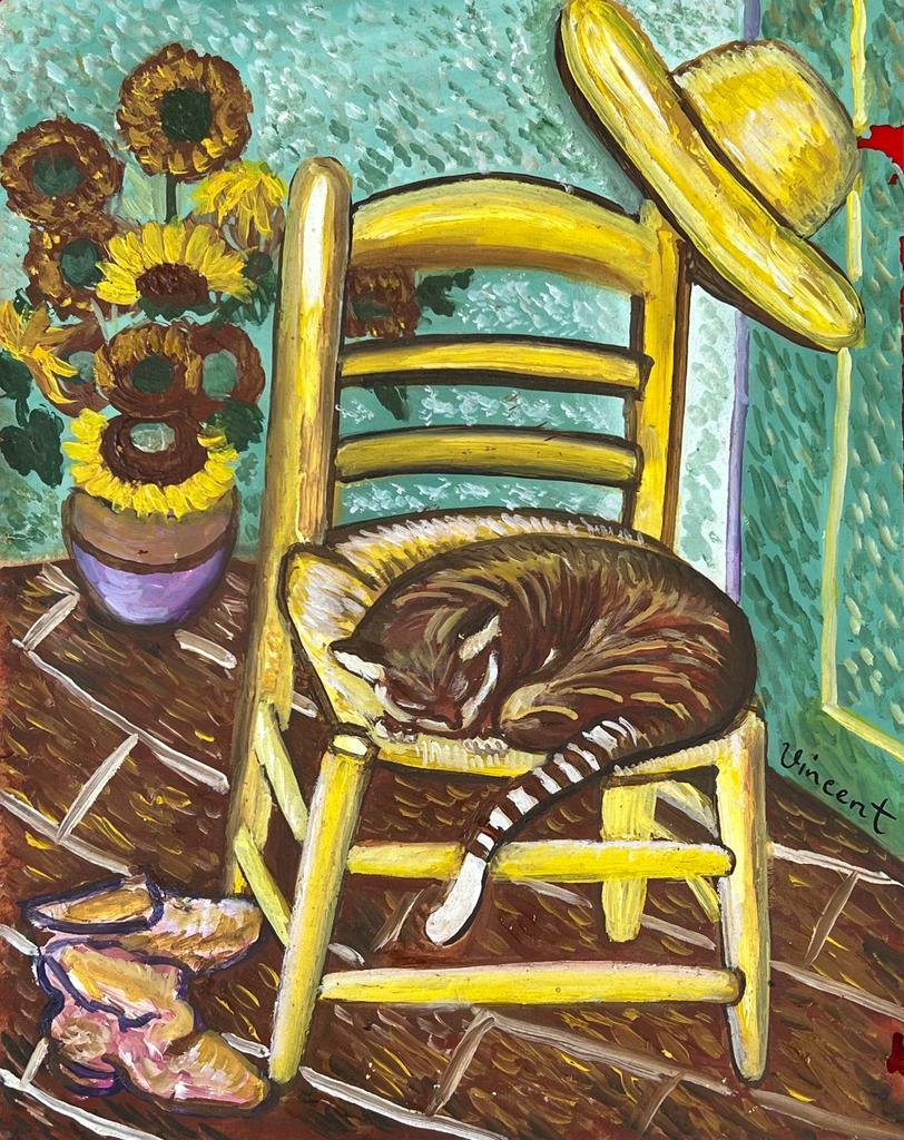 Vincent Van Gogh (Oil on Paper Painting) in the style of: Vincent Van Gogh appears in lower right of the painting. Rendered in the style of Vincent Van Gogh. Technique: Oil on Paper Painting. Measures: 9 ½ x 12 Inches. Provenance: Private Collection. 