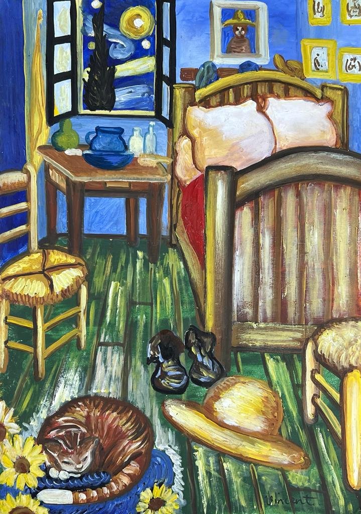 Vincent Van Gogh (Oil on Paper Painting) in the style of: Vincent Van Gogh appears in lower right of the painting. Rendered in the style of Vincent Van Gogh. Technique: Oil on Paper Painting. Measures: 10 x 14 Inches. Provenance: Private Collection. A Certif