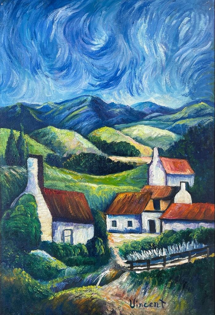 Vincent Van Gogh (Oil on Canvas Painting) in the style of: Vincent Van Gogh appears in lower right of the painting. Rendered in the Post-Impressionist style of Vincent Van Gogh. Technique: Oil on Canvas Painting. Measures: 15 ½ x 23 ½ Inches. Pr