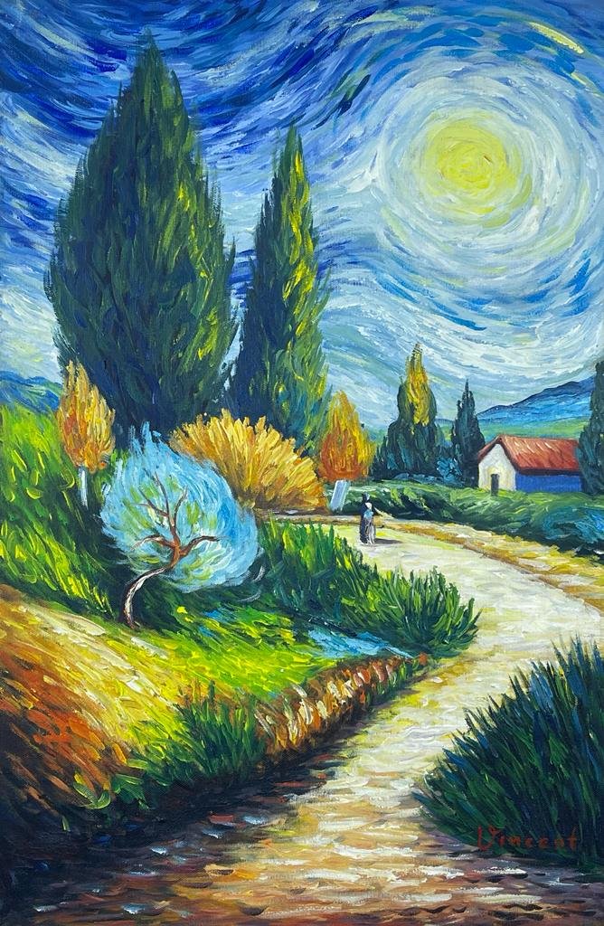 Vincent Van Gogh (Oil on Canvas Painting) in the style of: Rendered in the Post-Impressionist style of Vincent Van Gogh. Technique: Oil on Canvas Painting. Measures: 15 ½ x 23 ½ Inches. Provenance: Private Collector. A Certificate Accompanies th