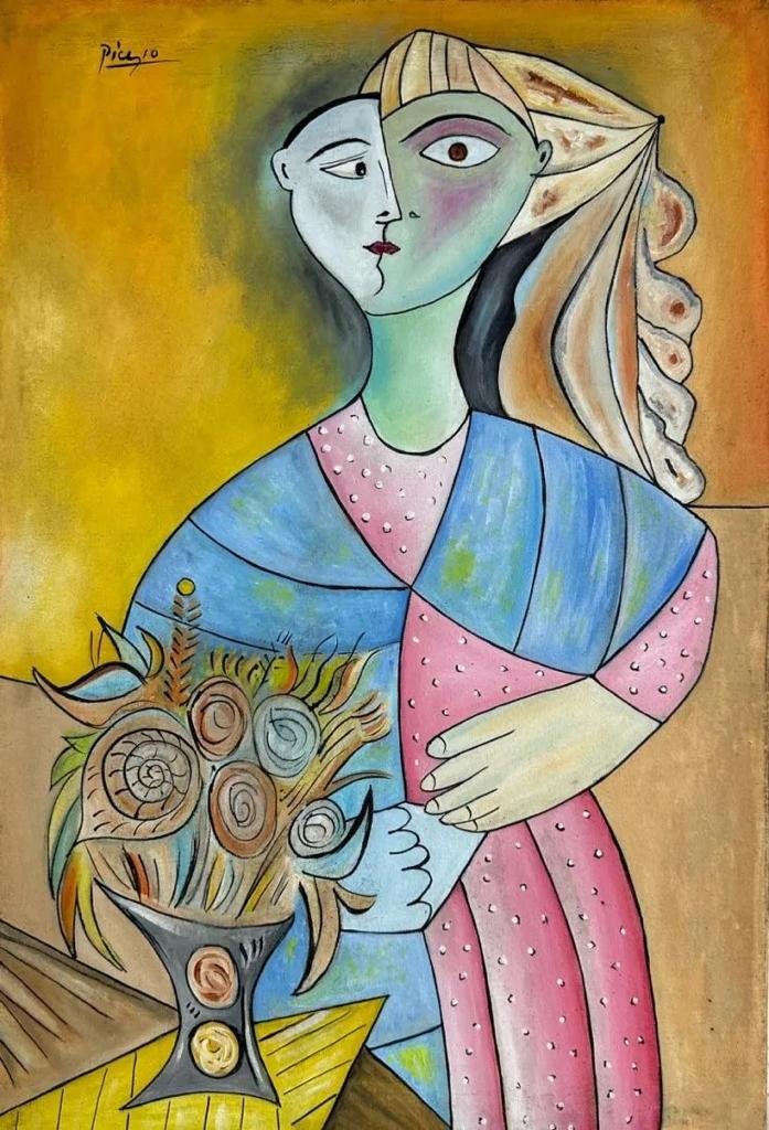 Pablo Picasso (Oil on Canvas Painting) in the style of: Rendered in the Cubist style of Pablo Picasso. Technique: Oil on Canvas Painting. Measures: 15 ½ x 23 ½ Inches. Provenance: Private Collector. A Certificate Accompanies this lot. The art