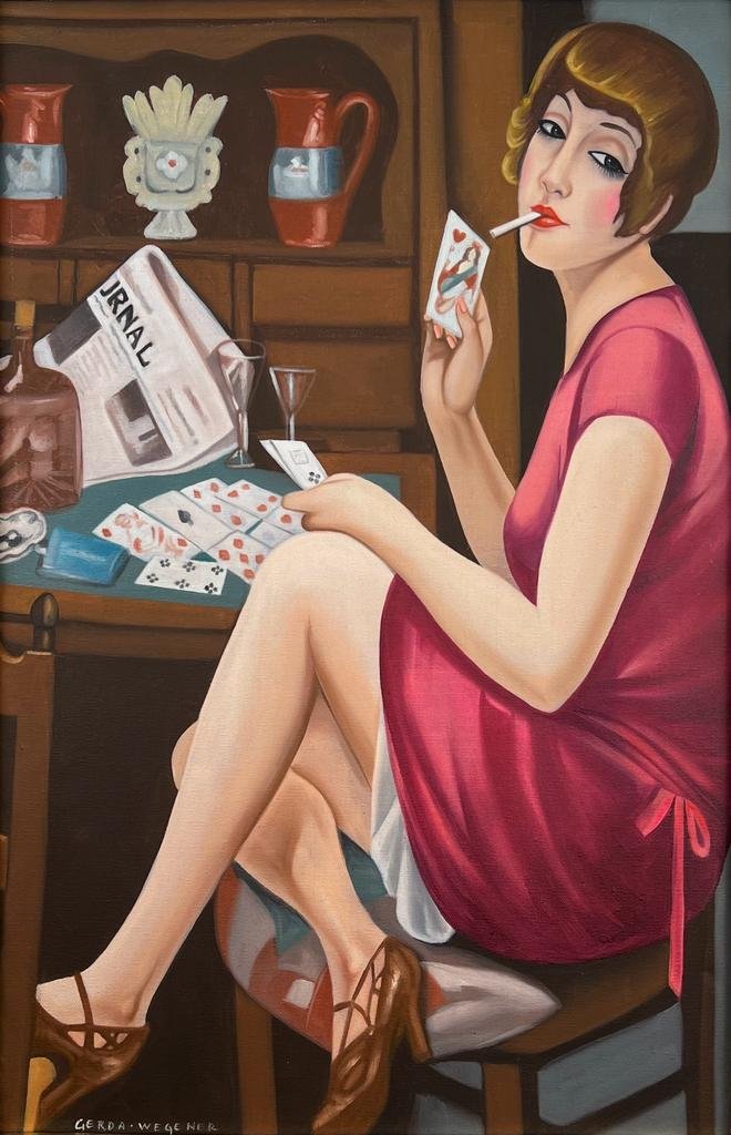 Gerda Wegener (Oil on Canvas Painting) in the style of: Rendered in the style of Gerda Wegener. Technique: Oil on Canvas Painting. Measures: 15 x 23 Inches. Provenance: Private Collector. A Certificate Accompanies this lot. The artwork is framed. Wegener l