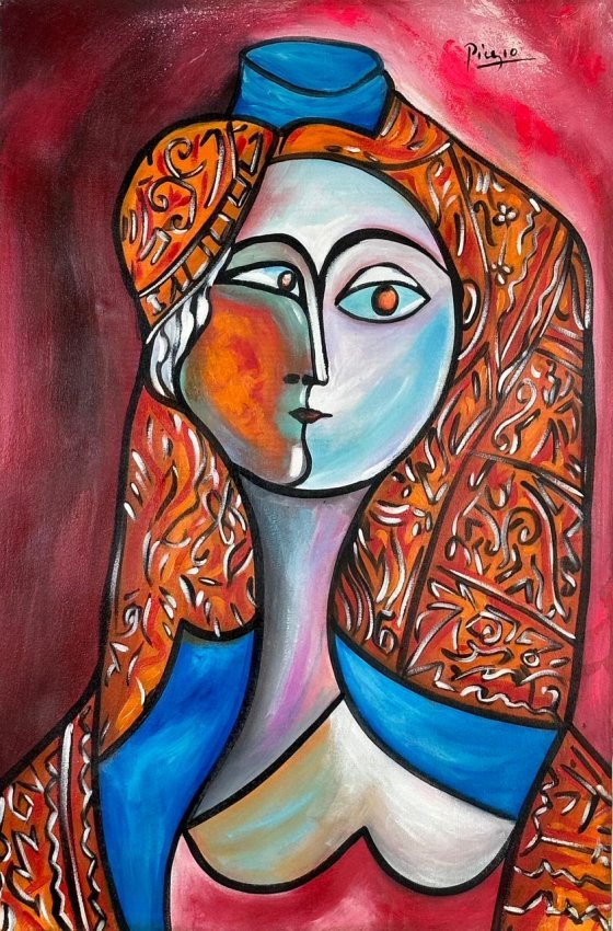 Pablo Picasso Spanish (Oil on Canvas Painting) in the style of: Rendered in the cubist style of Pablo Picasso. Technique: Oil on Canvas. Measures: 23 x 15 Inches. Provenance:Private Collection France Acquired in 1970 Spain. This Painting is Accompanied with a cert