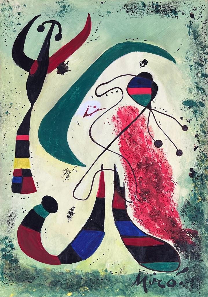 Joan MirÃ³ (Mixed Media on Paper Painting) in the style of: Rendered in the style of Joan MirÃ³. Technique: Mixed Media on Paper Painting. Measures: 8 x 11½ Inches. Provenance: Private Collection. A Certificate Accompanies this lot. MirÃ³ lived betw