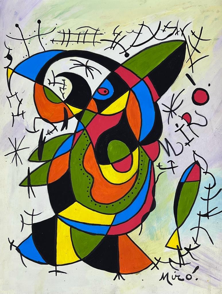 Joan MirÃ³ (Mixed Media on Paper Painting) in the style of: Rendered in the style of Joan MirÃ³. Technique: Mixed Media on Paper Painting. Measures: 8½ x 11 Inches. Provenance: Private Collector. A Certificate Accompanies this lot. MirÃ³ lived betwe