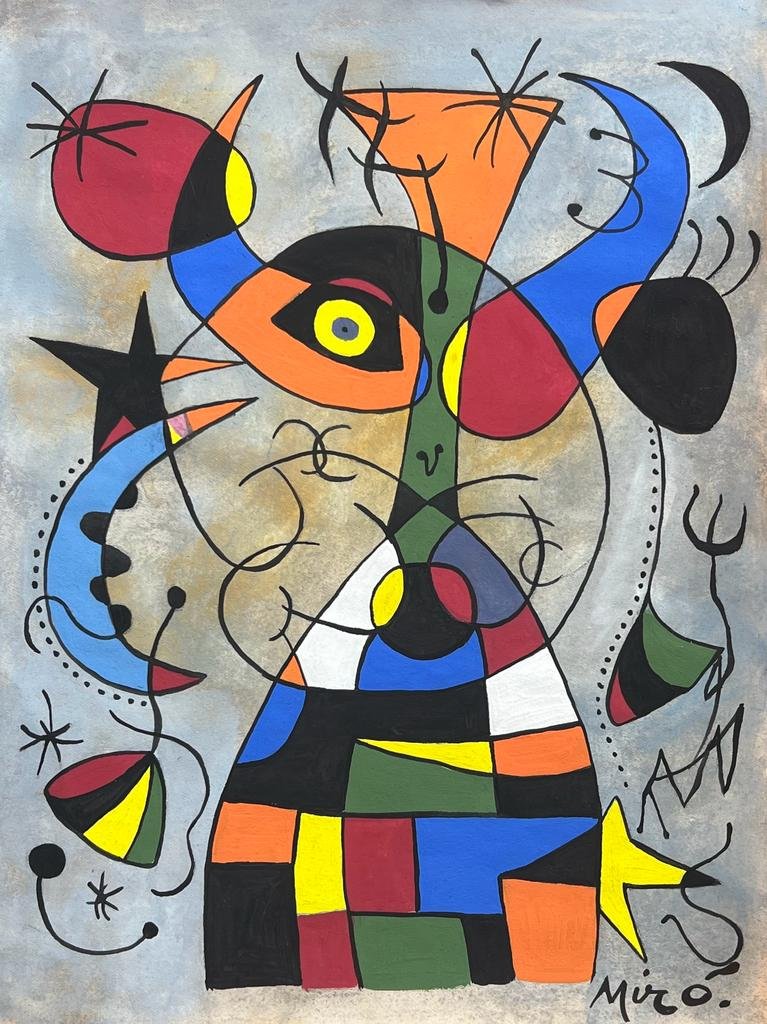 Joan MirÃ³ (Mixed Media on Paper Painting) in the style of: Rendered in the style of Joan MirÃƒÂ³. Technique: Mixed Media on Paper Painting. Measures: 9 x 11½ Inches. Provenance: Private Collection. A Certificate Accompanies this lot. MirÃƒÂ³ li