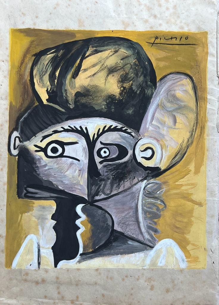 Pablo Picasso (Mixed Media on Paper Painting) in the style of: Rendered in the style of Pablo Picasso. Technique: Mixed Media on Paper Painting. Measures: 8 x 10 ½ Inches. Provenance: Private Collection. A Certificate Accompanies this lot. Picasso lived be