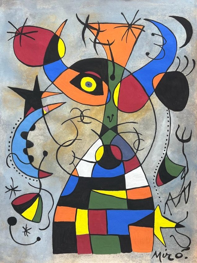Joan MirÃ³ (Mixed Media on Paper Painting) in the style of: Rendered in the style of Joan Miro. Technique: Mixed Media on Paper Painting. Measures: 9 x 11½ Inches. Provenance: Private Collection. A Certificate Accompanies this lot. MirÃƒÂ³ lived bet
