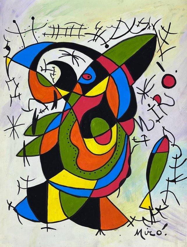 Joan MirÃ³ (Mixed Media on Paper Painting) in the style of: Rendered in the style of Joan MirÃ³. Technique: Mixed Media on Paper Painting. Measures: 8½ x 11 Inches. Provenance: Private Collector. A Certificate Accompanies this lot. MirÃ³ lived betwe