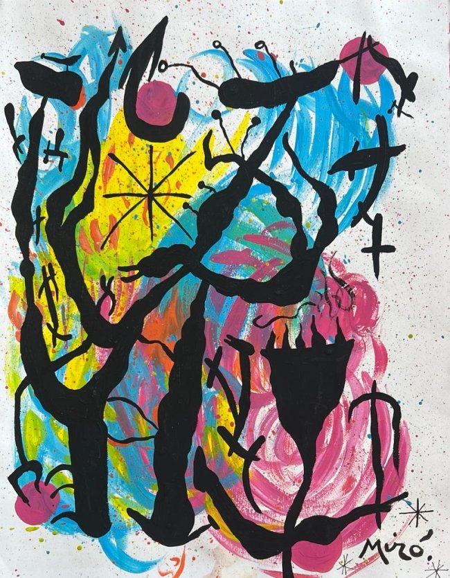 Joan MirÃ³ (Mixed Media on Paper Painting) in the style of: Rendered in the style of Joan MirÃƒÂ³. Technique: Mixed Media on Paper Painting. Measures: 9 x 11½ Inches. Provenance: Private Collection. A Certificate Accompanies this lot. MirÃƒÂ³ li