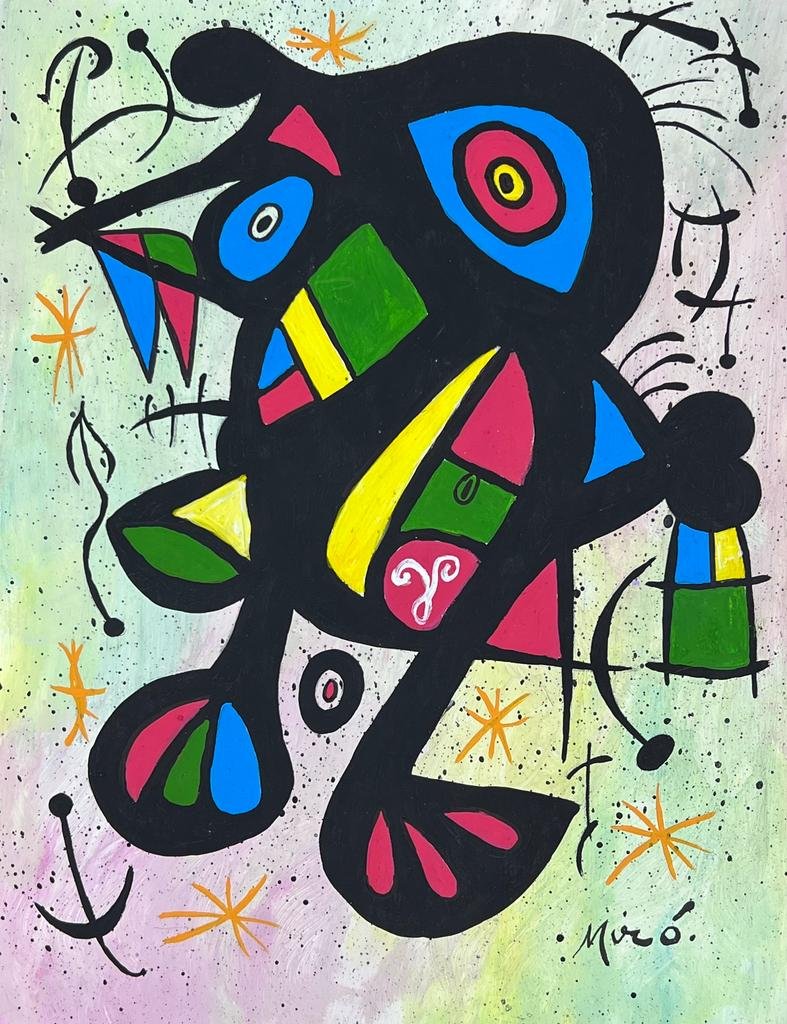 Joan MirÃ³ (Mixed Media on Paper Painting) in the style of: Rendered in the style of Joan MirÃ³. Technique: Mixed Media on Paper Painting. Measures: 8½ x 11 Inches. Provenance: Private Collector. A Certificate Accompanies this lot. MirÃ³ lived betwe