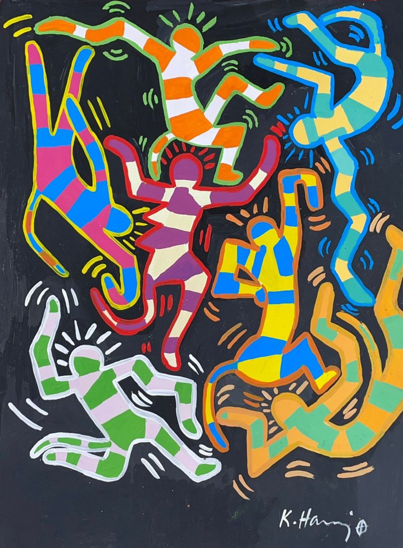 Keith Haring American (Mixed media on Paper Painting) in the style of: Rendered in the style of Keith Haring. Technique: Mixed media on Paper Painting. Measures: 11 1/2 x 8 1/2 Inches. Provenance:Private Collection."In the style of" means after the artist. Lived between