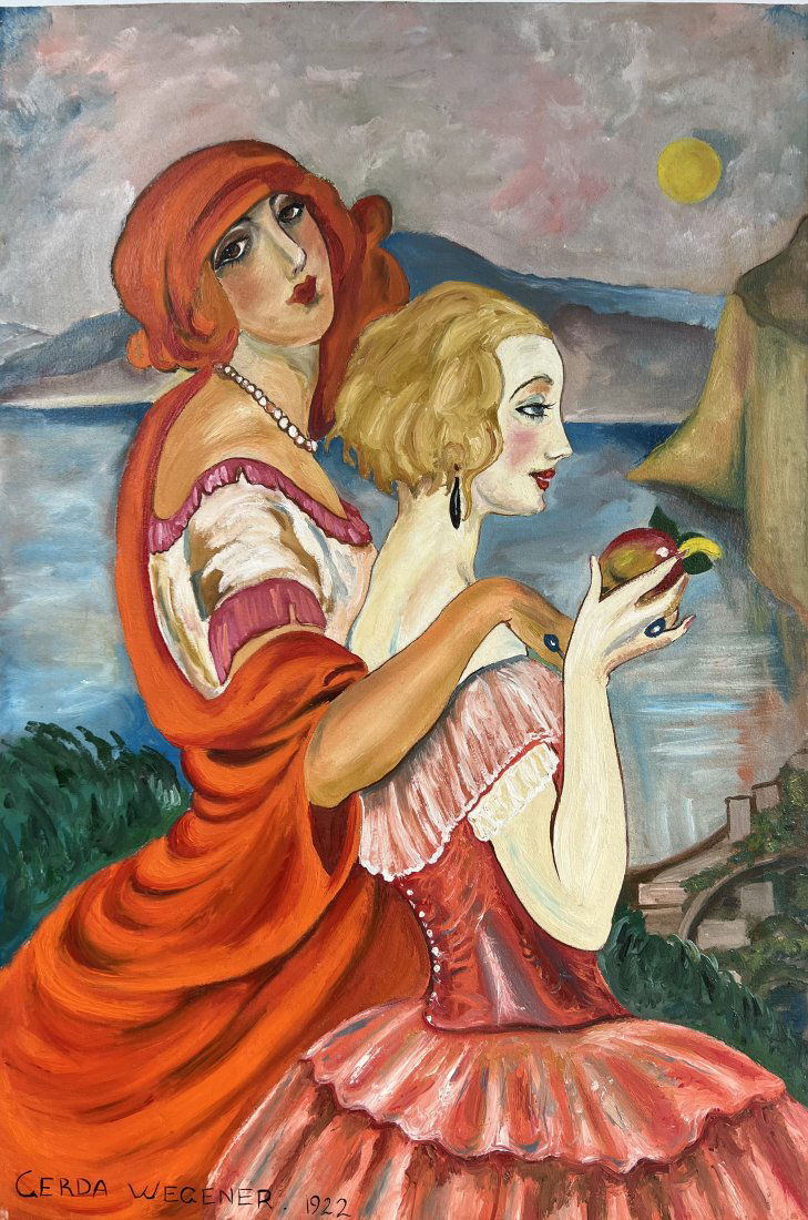 Gerda Wegener (Oil on Canvas Painting) in the style of: Rendered in the style of Gerda Wegener. Technique: Oil on Canvas Painting. Measures: 15 x 23 Inches. Provenance: Private Collector. "In the style of" means after the artist. Wegener lived between (15