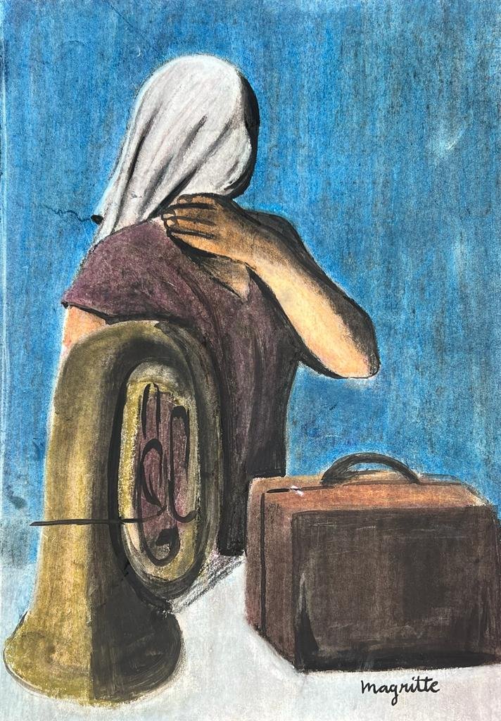 RenÃ© Magritte Belgian (Mixed Media on Paper Painting) in the style of: Rendered in the style of RenÃ© Magritte. Technique: Mixed Media on Paper Painting. Measures: 8 x 12 Inches. Provenance: Private Collection. "In the style of" means after the artist. Magritte lived b