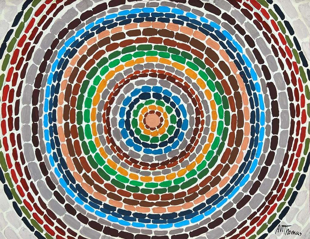 Alma Thomas (Mixed Media on Paper Painting) in the style of: Rendered in the style of Alma Thomas. Technique: Mixed Media on Paper Painting. Measures: 9.5 x 12 Inches. "In the style of" means after the artist.Provenance: Private Collection. Thomas lived between