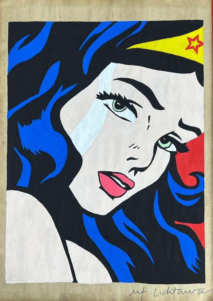 Roy Lichtenstein American (Mixed Media on Paper Painting) in the style of: Rendered in the style of Roy Lichtenstein. Technique: Mixed Media on Paper Painting. Measures: 8 x 11.5 Inches. Provenance: Private Collection. "In the style of" means after the artist. Lichtenstein l