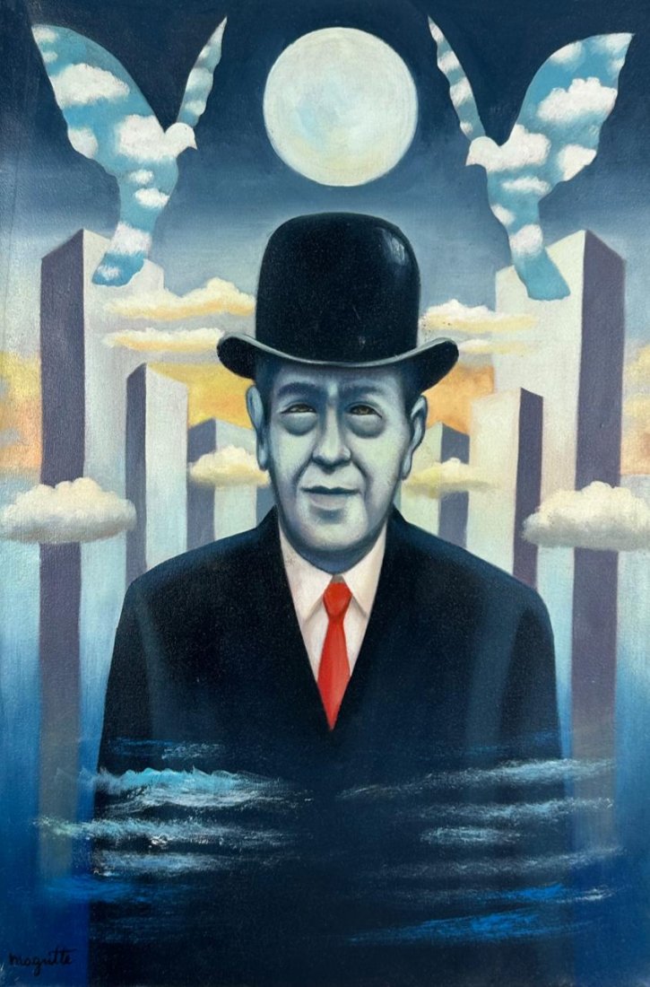 Rene Magritte Belgian (Oil on Canvas Painting) in the style of: Rendered in the style of Rene Magritte. Technique: Oil on Canvas Painting. Measures: 15 ½ x 23 ½ Inches. Provenance: Private Collection."In the style of" means after the artist. Magritte