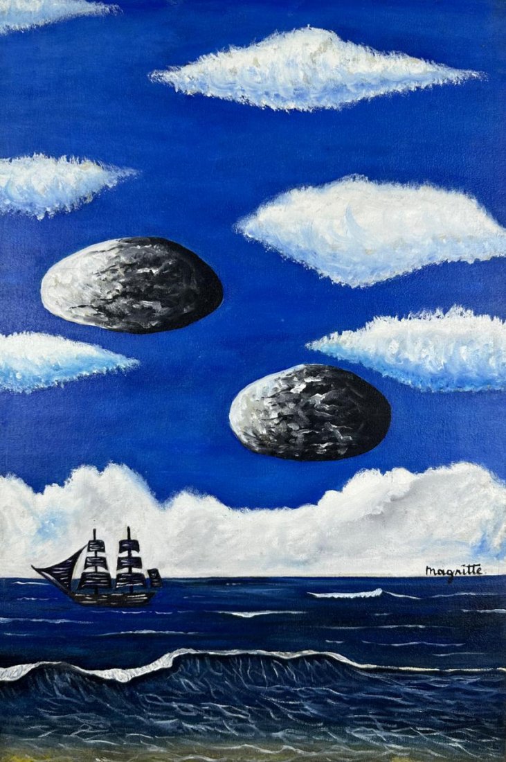 Rene Magritte Belgian (Oil on Canvas Painting) in the style of: Rendered in the style of Rene Magritte. Technique: Oil on Canvas Painting. Measures: 15½ x 23½ Inches. Provenance: Private Collection Europe. "In the style of" means after the artist. Ma