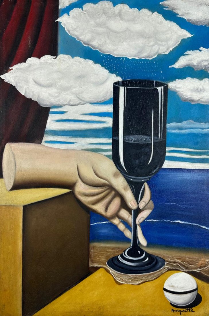 Rene Magritte Belgian (Oil on Canvas Painting) in the style of: Rendered in the style of Rene Magritte. Technique: Oil on Canvas Painting. Measures: 15½ x 23½ Inches. Provenance: Private Collection Europe. "In the style of" means after the artist. Ma