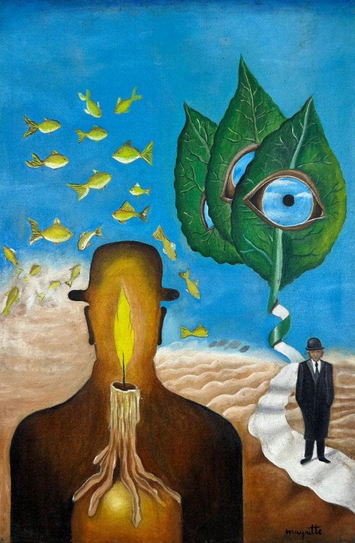 Rene Magritte Belgian (Oil on Canvas Painting) in the style of: Rendered in the style of Rene Magritte. Technique: Oil on Canvas Painting. Measures: 15½ x 23½ Inches. Provenance: Private Collection Europe. "In the style of" means after the artist. Ma