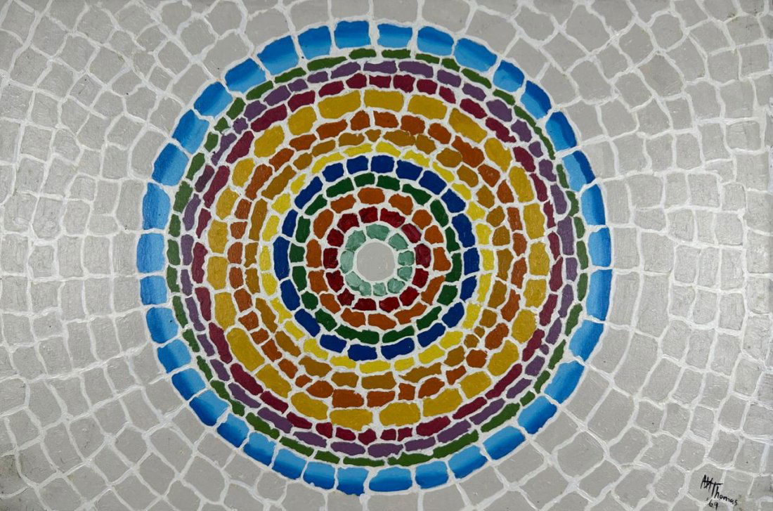 Alma Thomas (Oil on Canvas Painting) in the style of: Rendered in the style of Alma Thomas. Technique: Oil on Canvas Painting. Measures: 15 ½ x 23 ½ Inches. Provenance: Private Collector USA. "In the style of" means after the artist. Thomas