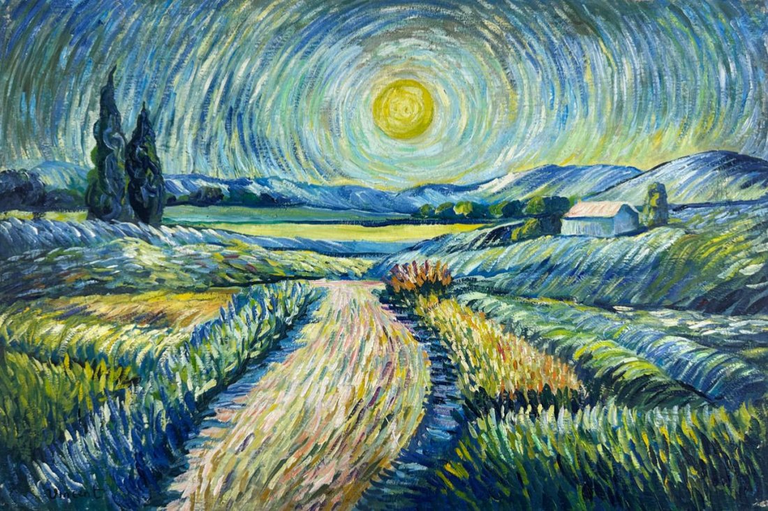 Vincent van Gogh Dutch (Oil on Canvas Painting) in the style of: Rendered in the style of Vincent van Gogh. Technique: Oil on Canvas painting. Measures: 21 x 29 Inches. Provenance: Private collection Europe. "In the style of" means after the artist. Live between:(3