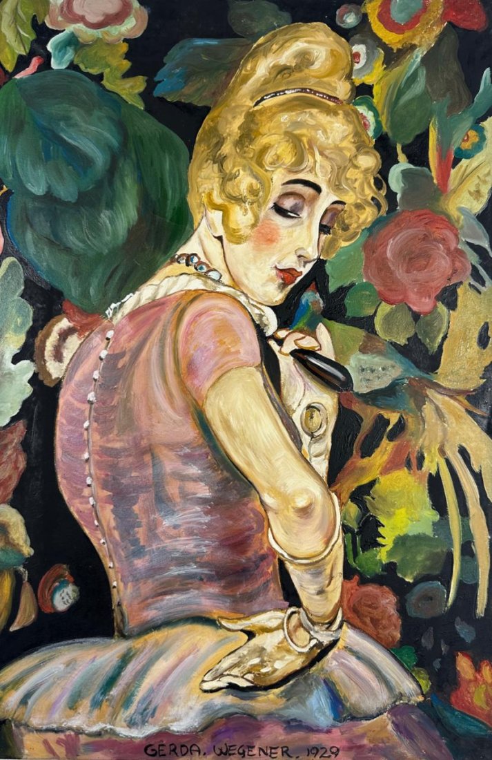 Gerda Wegener (Oil on Canvas Painting) in the style of: Rendered in the style of Gerda Wegener. Technique: Oil on Canvas Painting. Measures: 15 ½ x 23 ½ Inches. Provenance: Private collection. "In the style of" means after the artist. Wegener