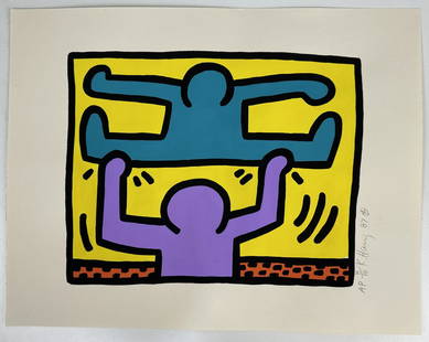 Keith Haring American (Mixed media on Paper Painting) in the style of: Rendered in the style of Keith Haring. Technique: Mixed media on Paper Painting. Measures: 12 3/4 x 16 Inches. Provenance:Private Collection."In the style of" means after the artist. Lived between (Ma