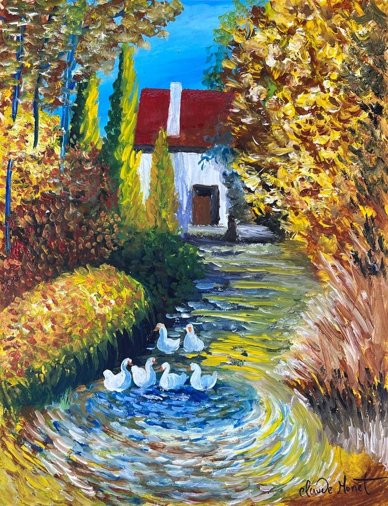 Claude Monet French (Oil on Paper Painting) in the style of: Rendered in the style of Claude Monet. Technique: Oil on Paper Painting. Measures: 9.5 x 12 Inches. Provenance: Private Collection. "In the style of" means after the artist. Monet lived between (14 No