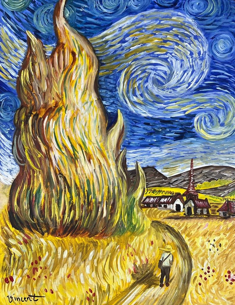 Vincent Van Gogh (Oil on Paper Painting) in the style of: Rendered in the style of Vincent Van Gogh. Technique: Oil on Paper Painting. Measures: 9.5 x 12 Inches. Provenance: Private Collection. "In the style of" means after the artist.Van Gogh lived between 