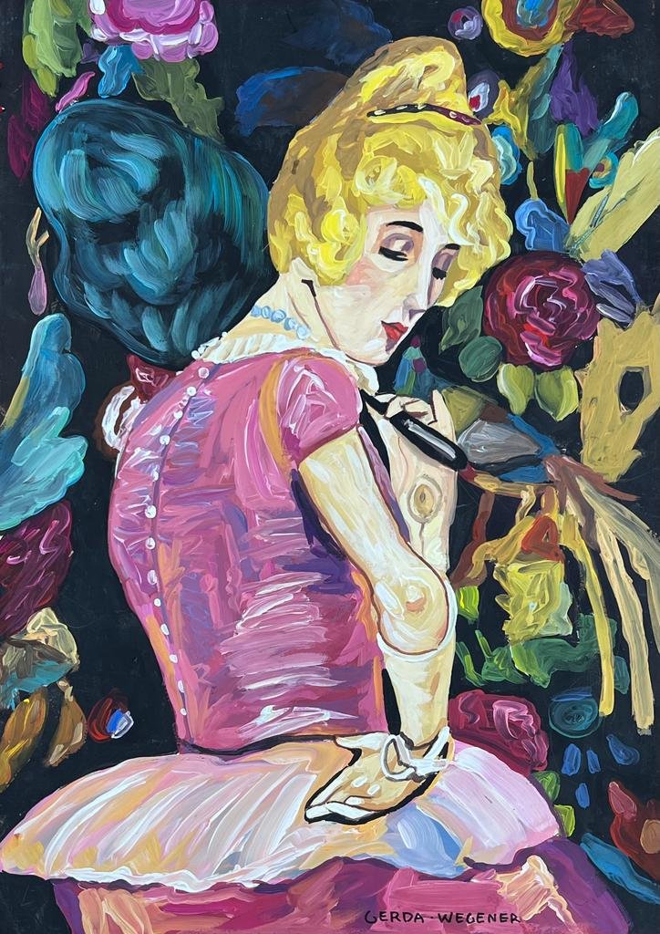 Gerda Wegener (Mixed Media on Paper Painting) in the style of: Rendered in manner of Gerda Wegener. Technique: Mixed Media on Paper Painting. Measures: 8.5 x 12 Inches. "In the style of" means after the artist.Provenance: Private Collection. Wegener lived between
