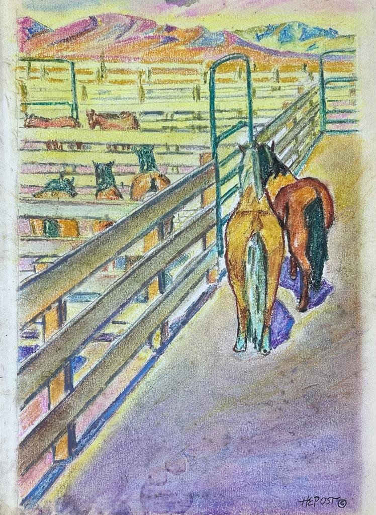 Howard Post (Mixed Media on Paper Painting) in the style of: Rendered in the style of Howard Post. Technique: Mixed Media on Paper Painting. Measures: 7.5 x 10 Inches. Provenance: Private Collection. "In the style of" means after the artist. Post (Born 1948), k