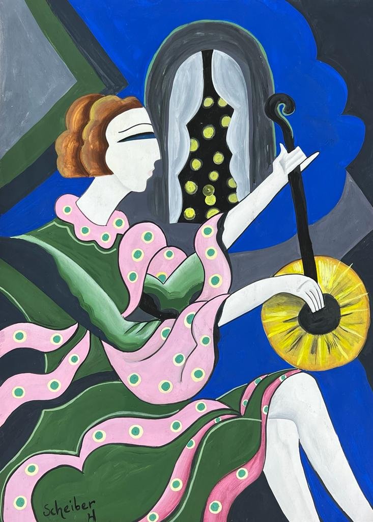 Hugo Scheiber Hungarian (Mixed Media on Paper Painting) in the style of: Rendered in the style of Hugo Scheiber. Technique: Mixed Media on Paper Painting. Measures: 8 x 11.5 Inches. Provenance: Private Collection. "In the style of" means after the artist. Scheiber lived be