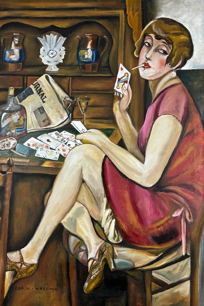 Gerda Wegener (Oil on Canvas Painting) in the style of: Rendered in the style of Gerda Wegener. Technique: Oil on Canvas Painting. Measures: 15 ½ x 23 ½ Inches. Provenance: Private collection. "In the style of" means after the artist. Wegener