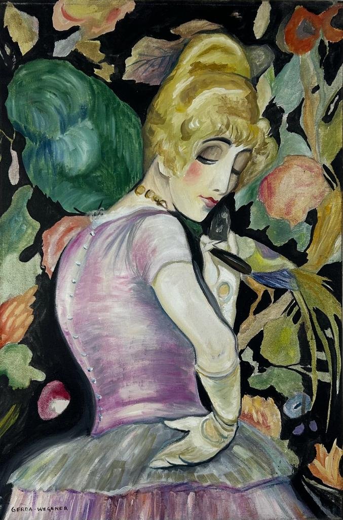 Gerda Wegener (Oil on Canvas Painting) in the style of: Rendered in the style of Gerda Wegener. Technique: Oil on Canvas Painting. Measures: 15 ½ x 23 ½ Inches. Provenance: Private collection. "In the style of" means after the artist. Wegener