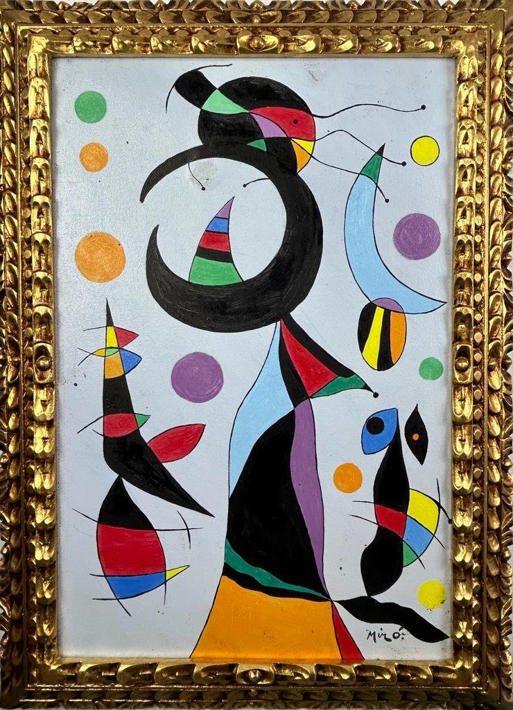 Joan Miro (Oil on Canvas Painting) in the style of: Rendered in the style of Joan Miro. Technique: Oil on Canvas Painting. Measures: 21 x 29 Inches. Provenance: Private Collection. Painting is framed. "In the style of" means after the artist. Miro live
