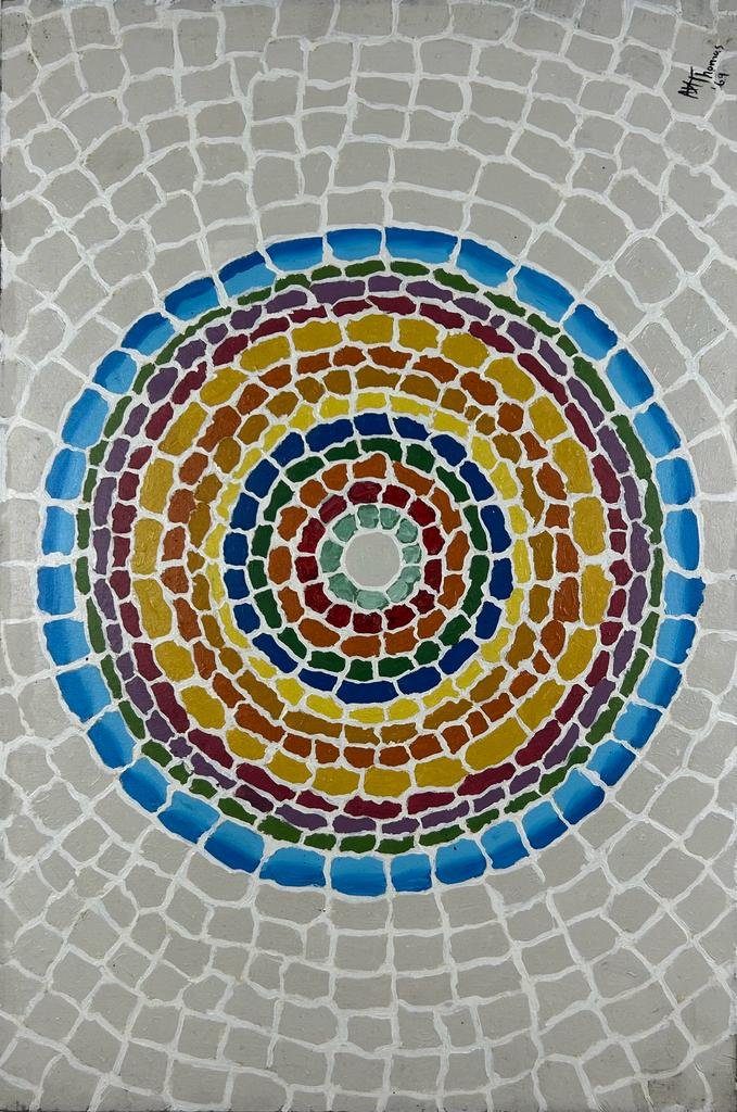 Alma Thomas (Oil on Canvas Painting) in the style of: Rendered in the style of Alma Thomas. Technique: Oil on Canvas Painting. Measures: 15 ½ x 23 ½ Inches. Provenance: Private Collector USA. "In the style of" means after the artist. Thomas