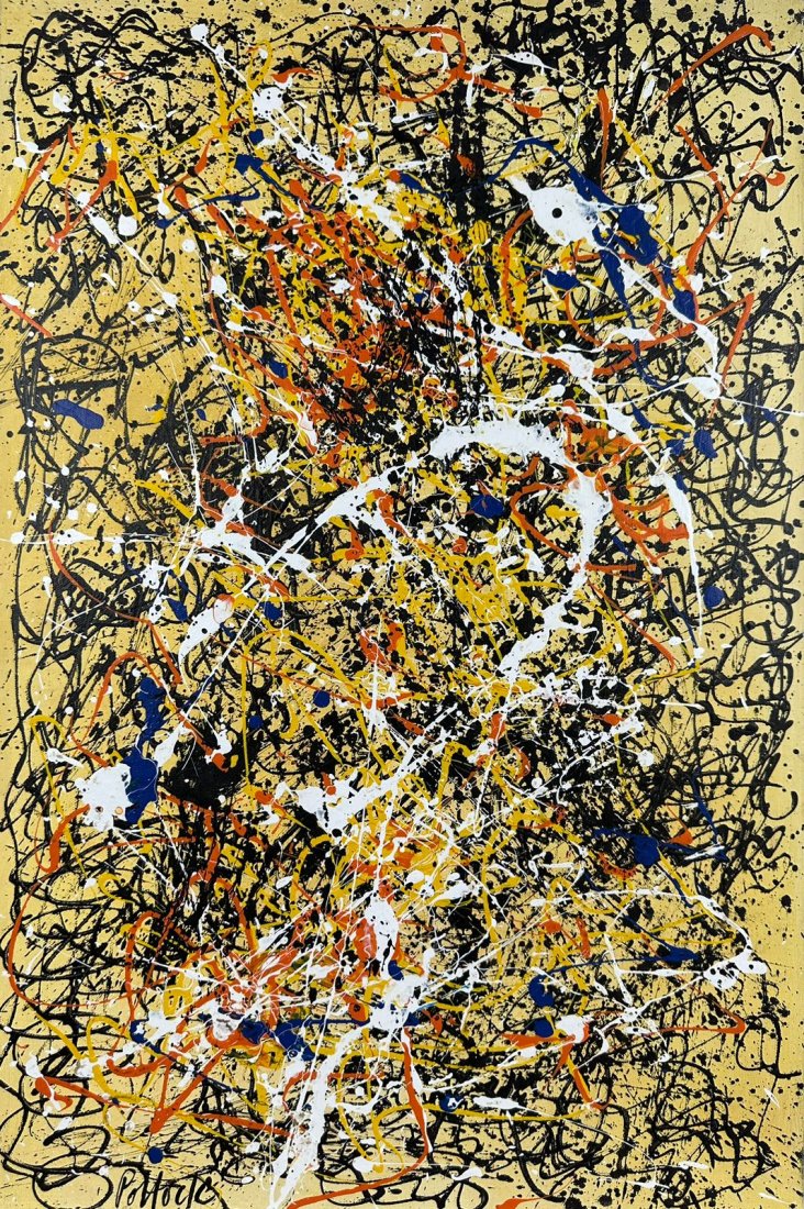 Jackson Pollock (Oil on Canvas Painting) in the style of: Jackson Pollock Gouache on canvas painting. Measures: 15 1/2 x 23 5/8 inches aprox. Provenance: Private collection New York, acquired directly from the artist by Alexander Kahan. Jackson Pollock (1912