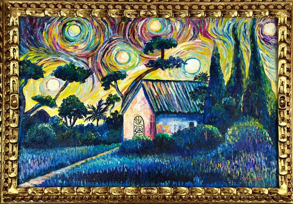 Vincent Van Gogh Dutch (Oil on Canvas Painting) in the style of: Rendered in the Post-Impressionist style of Vincent Van Gogh. Technique: Oil on Canvas Painting. Measures: 15.5 x 23.5 Inches. Provenance: Private Collection France."In the style of" means after the a